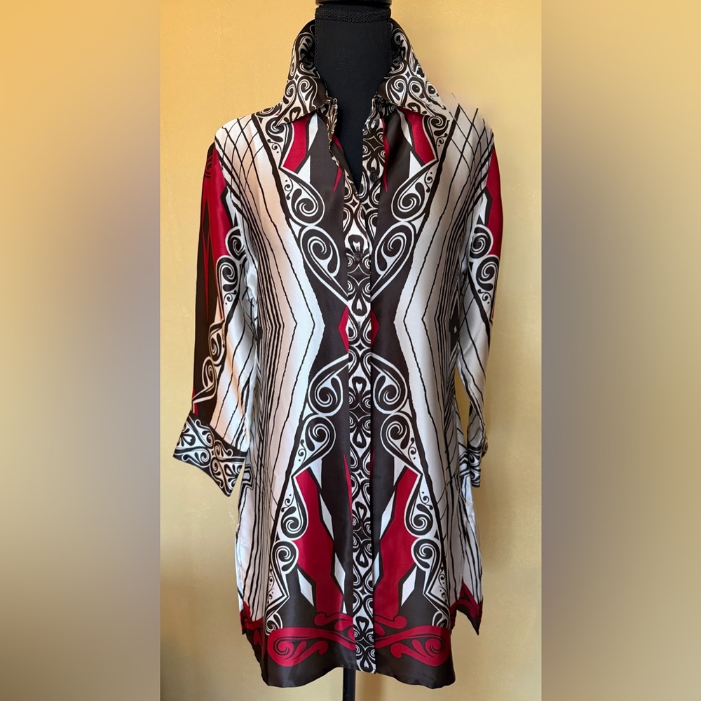 Chico’s Silk Women's Red and Black Geometric Blouse